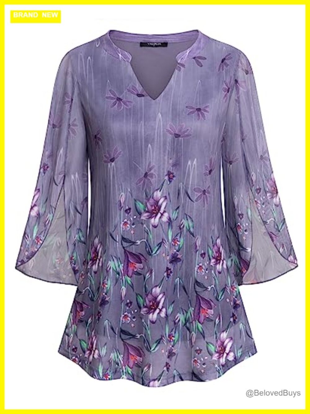 Women's 3/4 Sleeve Floral Tunic Top V Neck Double Layer Mesh Blouse